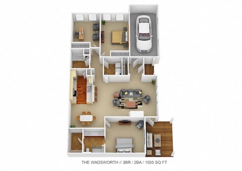 Floor plan for 3 beds, 2 baths, 1505 sqft